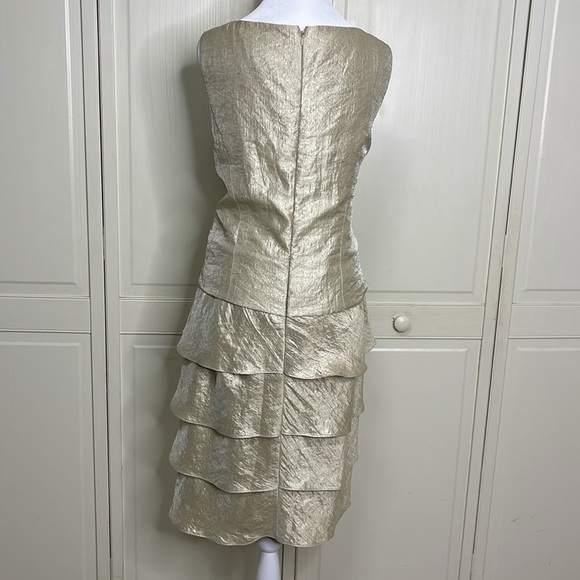 Jessica Howard 2Pc Champagne Satin Hammered Tiered Dress & Blazer Sz 16 Sheath - Picture 10 of 16
